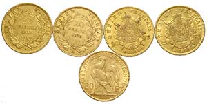 France, Lotto di 5 monete da 20 Francs: 1855 ... 