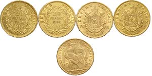 France, Lotto di 5 monete da 20 Francs: 1858 ... 