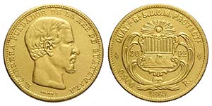 Guatemala, Republic, 20 Pesos 1869, RR Au mm ... 