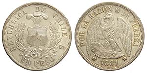 Chile, Republic, Peso 1881, Ag mm 37,5 q.FDC