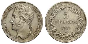 Belgium, Leopold I, 5 Francs 1848, Ag mm ... 
