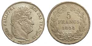 France, Louis Philippe, 5 Francs 1838-B, Ag ... 
