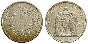 France, Republic, 5 Francs 1876-A, Ag mm 37 ... 