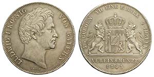 Germany, Bavaria, Ludwig I, 2 Thaler 1845, ... 