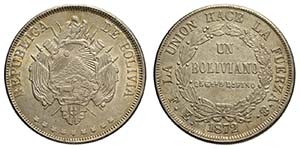 Bolivia, Republic, Boliviano 1872-FE, Ag mm ... 