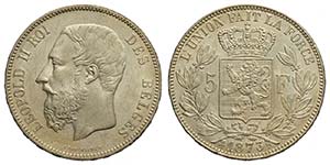 Belgium, Leopold II, 5 Francs 1873, Ag mm 37 ... 