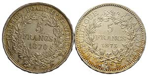 Lotto di 2 monete : France 5 Francs 1870-A ... 