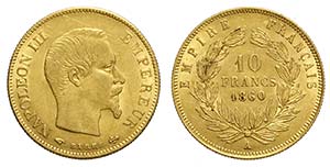 France, Napoleon III, 10 Francs 1860-A, Au ... 