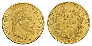 France, Napoleon III, 10 Francs 1864-BB, Au ... 