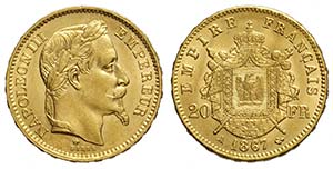 France, Napoleon III, 20 Francs 1867-A, Au ... 