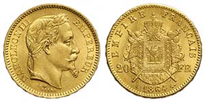 France, Napoleon III, 20 Francs 1864-A, Au ... 