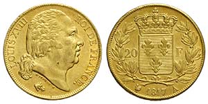 France, Louis XVIII, 20 Francs 1817-A, Au mm ... 