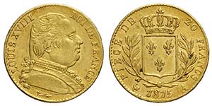 France, Louis XVIII, 20 Francs 1815-A, Au mm ... 