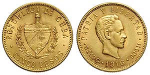 Cuba, Republic, 5 Pesos 1916, Au mm 21,5 ... 
