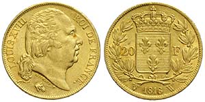 France, Louis XVIII, 20 Francs 1818-W, Au mm ... 