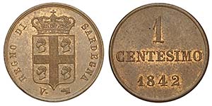 Savoia, Carlo Alberto, Centesimo 1842, RR Cu ... 