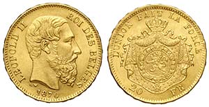 Belgium, Leopold II, 20 Francs 1870, Au mm ... 
