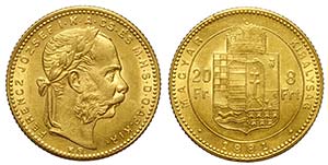 Hungary, Franz Joseph I, 20 Francs 1881 Au ... 