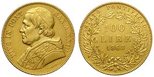 Roma, Pio IX, 100 Lire 1868, RRR Au mm 35,5 ... 