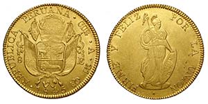 Perù, Republic, 8 Escudos 1845 Cuzco, Au mm ... 