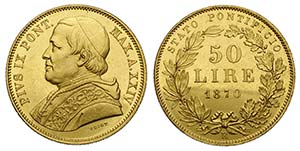 Roma, Pio IX, 50 Lire 1870, RRR Au mm 28,5 ... 