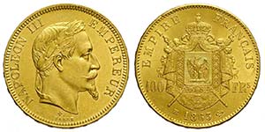 France, Napoleon III, 100 Francs 1863-BB, Au ... 