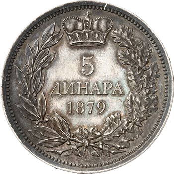 Milan Ier (1882-1889). 5 dinara ... 