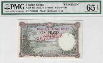 Banque du Congo Belge. 5 francs ... 