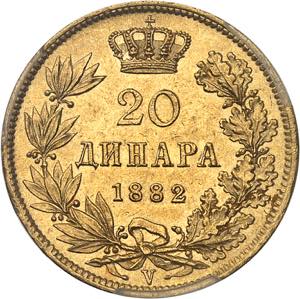 SERBIE Milan Ier (1882-1889). 20 dinara ... 