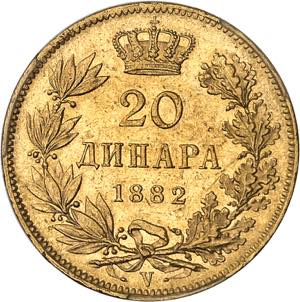 SERBIE Milan Ier (1882-1889). 20 dinara, 2e ... 