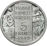 État Français (1940-1944). 5 francs 1942, ... 