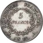 Consulat (1799-1804). 5 francs an 12, Paris. ... 