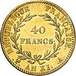 Consulat (1799-1804). 40 francs an XI A, ... 