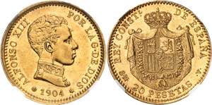 Alphonse XIII (1886-1931). 20 pesetas 1904, ... 
