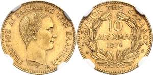 Georges Ier (1863-1913). 10 drachmes 1876, ... 