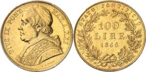 Vatican, Pie IX (1846-1878). 100 lire An XXI ... 