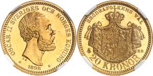 Oscar II (1872-1907). 20 kronor, Flan bruni ... 