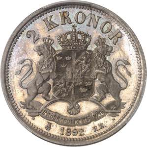 Oscar II (1872-1907). 2 kronor, Flan bruni ... 