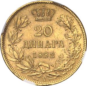 Milan Ier (1882-1889). 20 dinara, 1er type ... 
