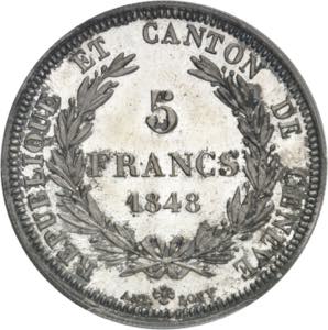 Genève (canton de). 5 francs, aspect Flan ... 