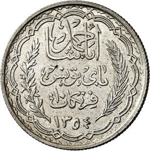 Ahmed, Bey (1929-1942). 10 francs AH 1354, ... 