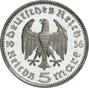 IIIe Reich (1933-1945). 5 mark Hindenburg, ... 