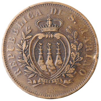 San Marino. 10 Centesimi 1875. Ae. ... 