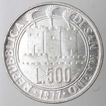 San Marino. 500 lire 1977. Ag. ... 
