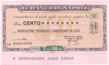 Miniassegni. Banco di Napoli. Lire ... 