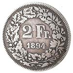 Monete Estere. Svizzera. 2 Franchi 1894. Ag. ... 