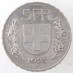 Monete Estere. Svizzera. 5 franchi 1925 B. ... 