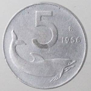 Repubblica Italiana. 5 lire Delfino 1956. ... 