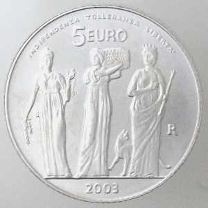 San Marino. 5 Euro 2003. Ag. Peso gr. 18,08. ... 