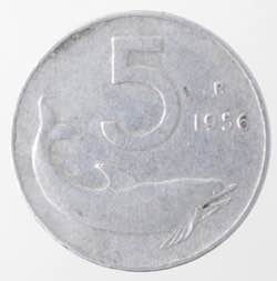 Repubblica Italiana. 5 lire Delfino 1956. ... 